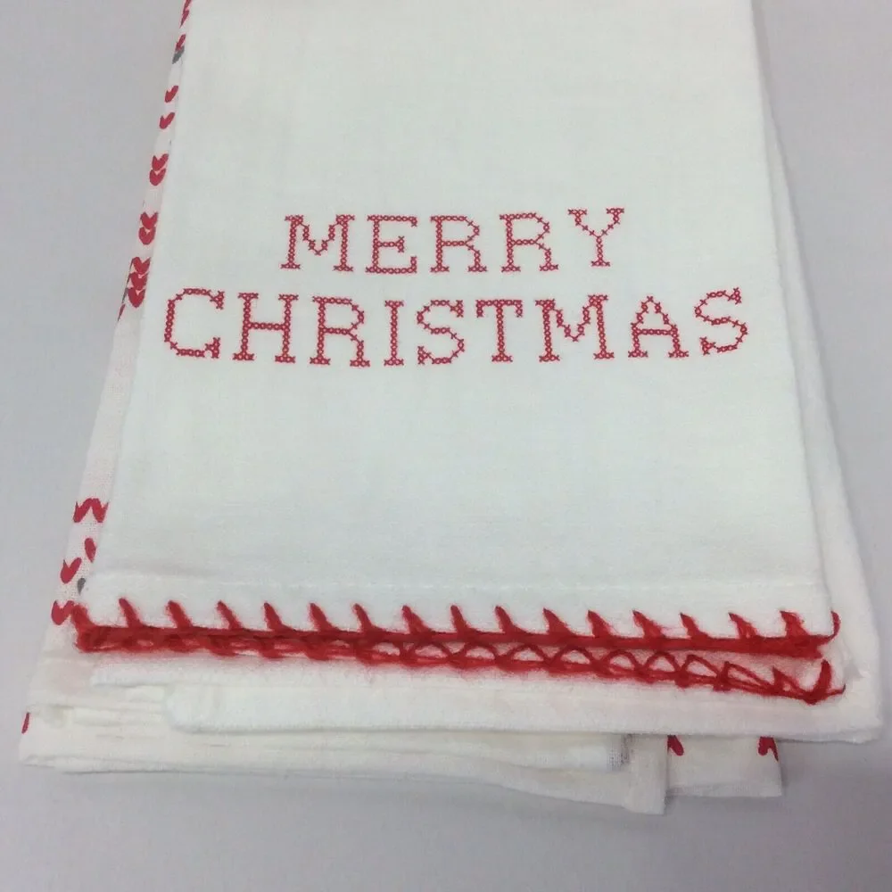 Merry Christmas Holiday Theme 4 Pc Kitchen Tea Towel Set Red/Black/White Cotton